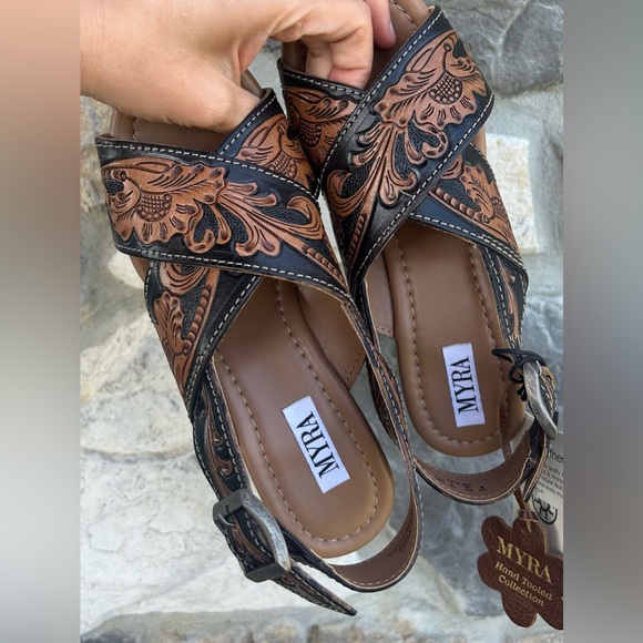 MYRA Hand Tooled Leather Wedge Sandals Size 8 Western Boho Cowgirl Rodeo Concert - Picture 5 of 7